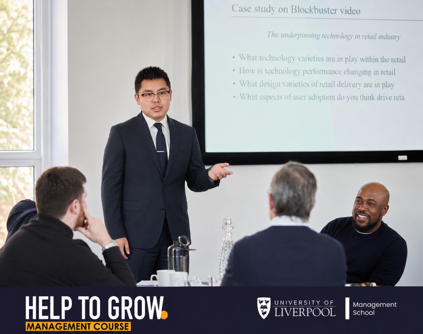 Xihao Zhang presenting a case study at the University of Liverpool Management School Help to Grow course