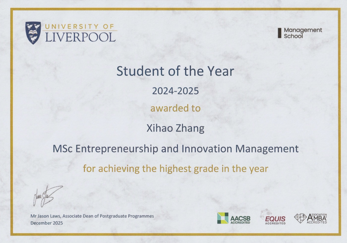 Student of the Year certificate for Xihao Zhang
