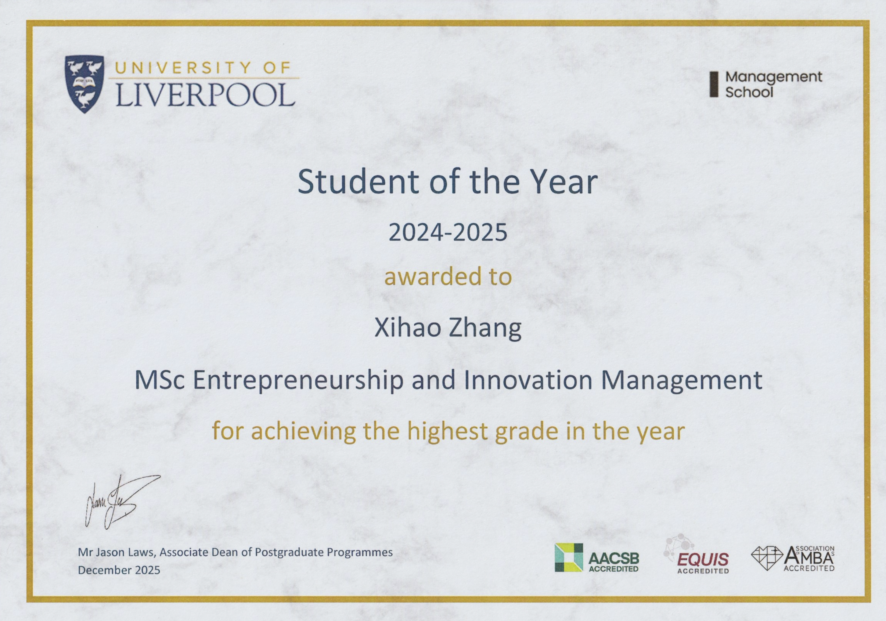 Student of the Year certificate for Xihao Zhang